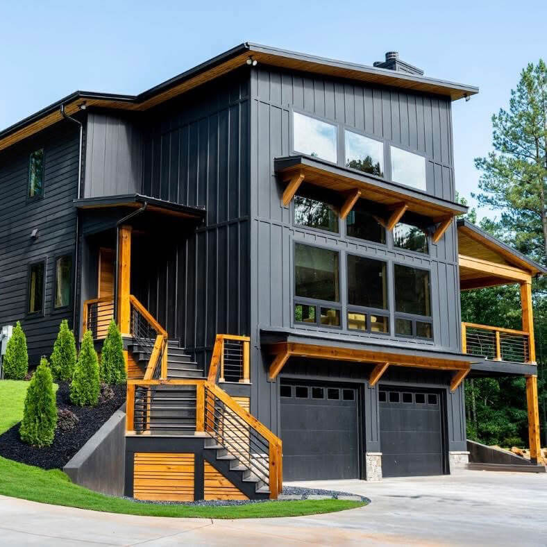 aerial photo of a three-story home in the woods