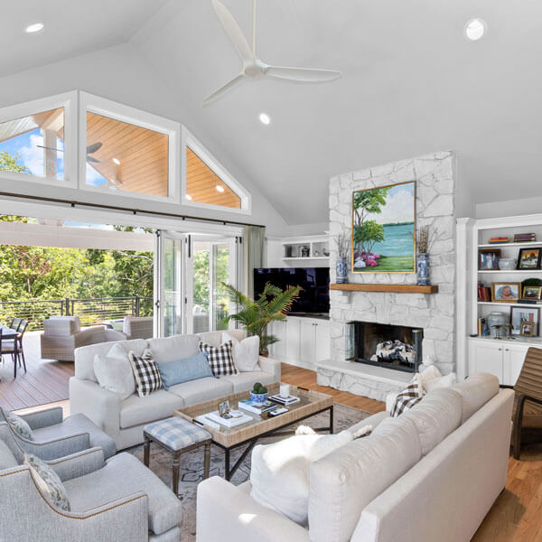 vaulted ceilings and custom windows in a living room