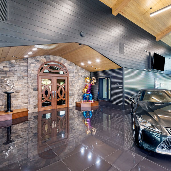 car showroom with black tiles and bright lighting