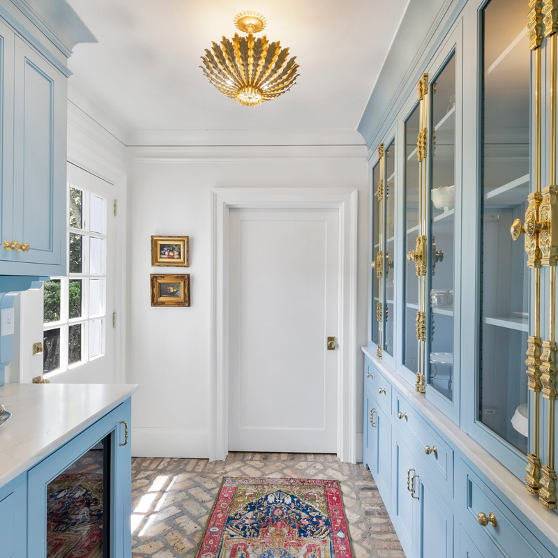 a wall with glass cabinets
